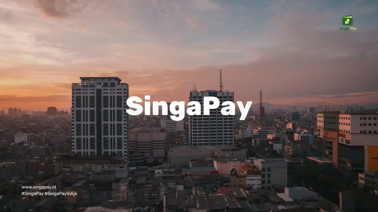SingaPay company overview title over a city skyline