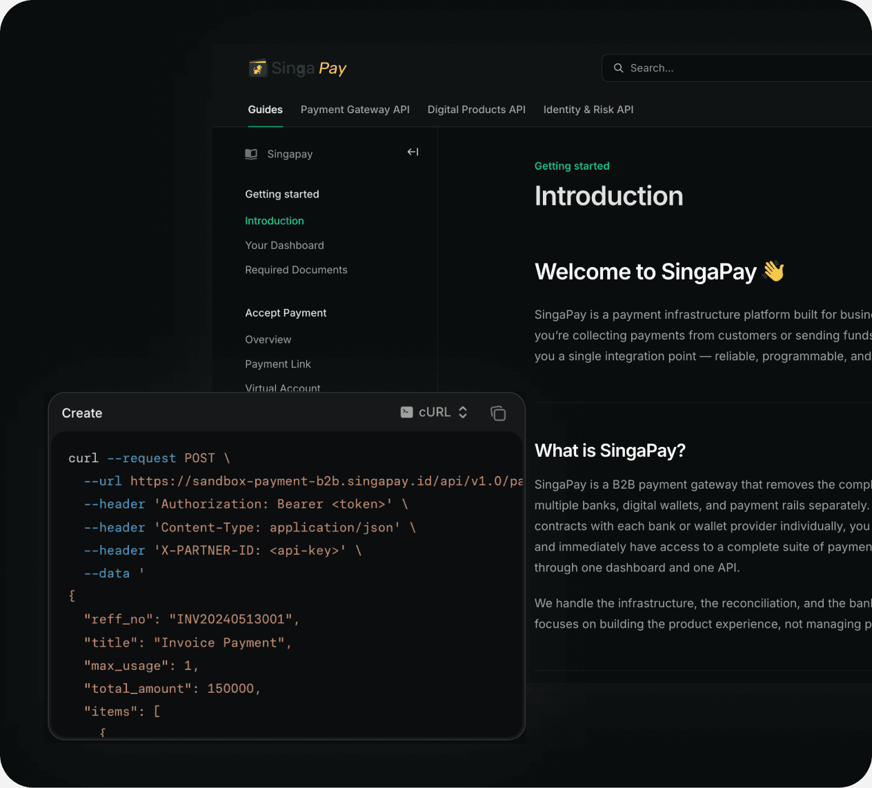 Singapay API documentation with Getting Started guide and cURL payment request example