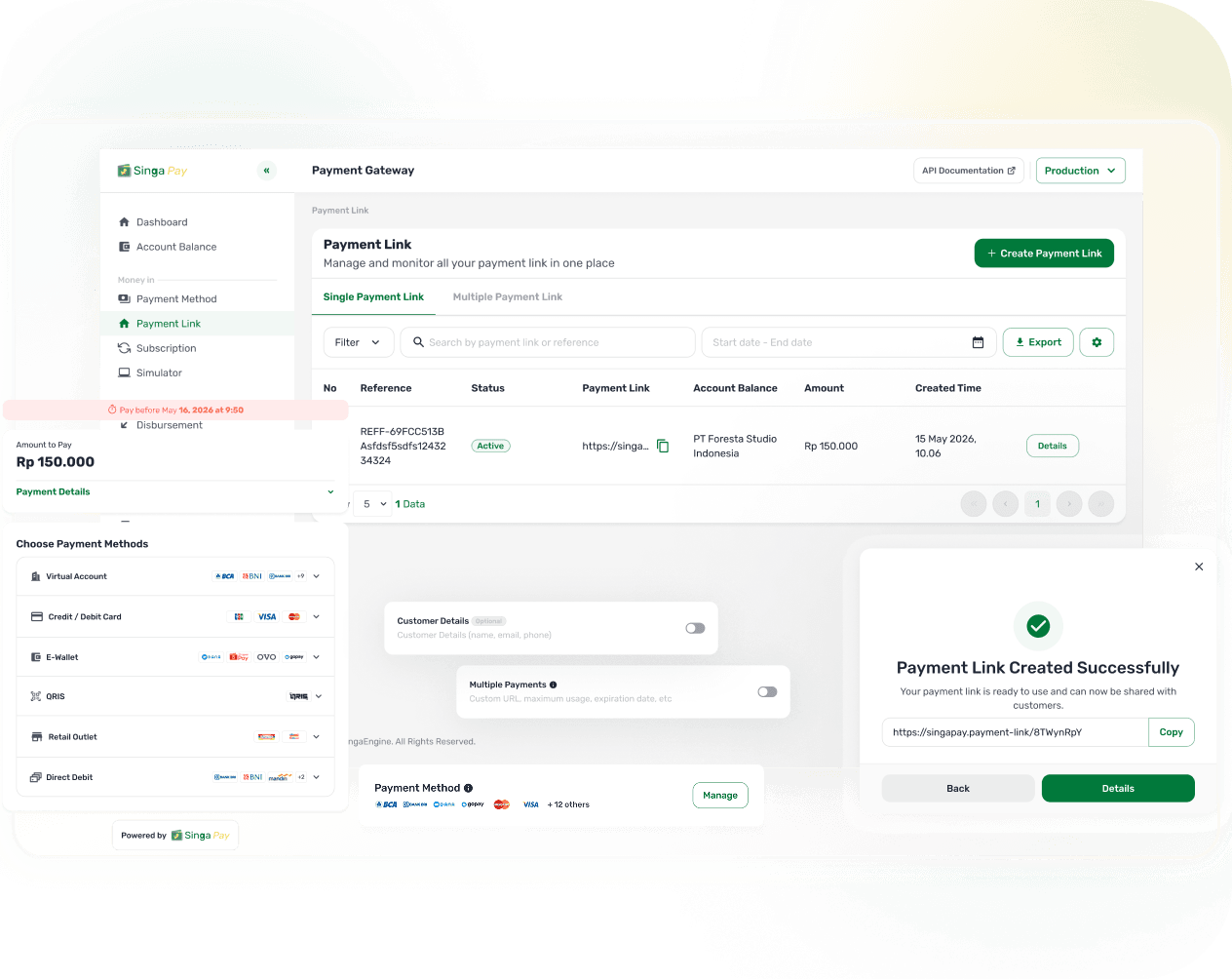 Singapay hosted payment link dashboard showing shareable checkout page and payment channels