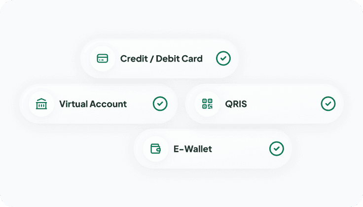 Local buyer checkout with QRIS, virtual accounts, wallets, and cards